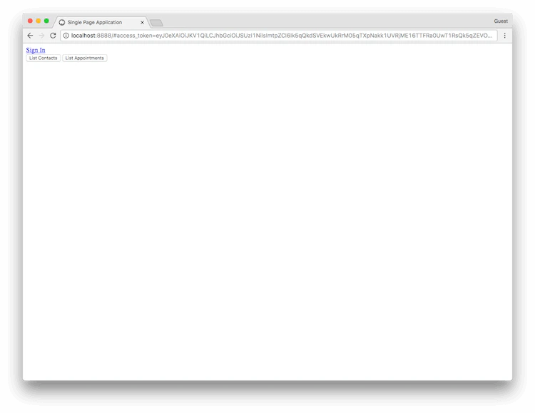 Pantalla de usuario autorizado de la aplicación de ejemplo