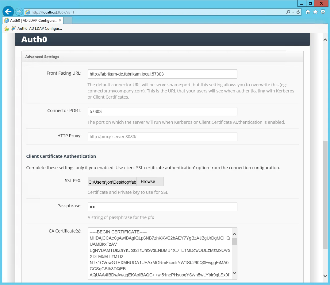 Pantalla de configuración de la autenticación del Conector AD/LDAP con certificados de cliente