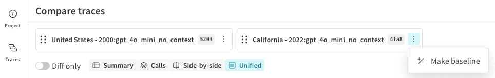 비교 막대에서 선택한 객체에 대해 Make baseline 옵션을 표시하는 비교 보기.