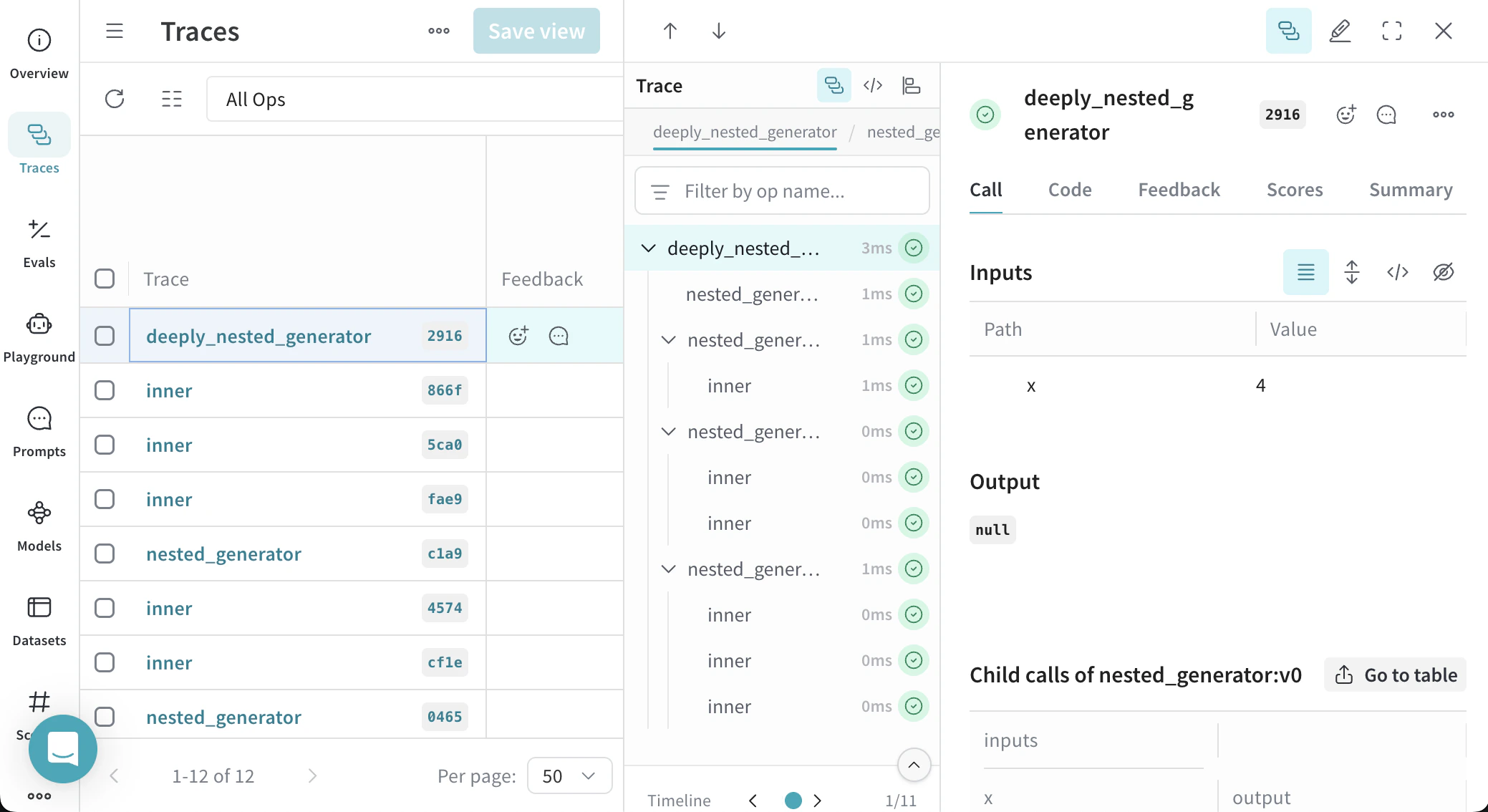 Weave에서 제너레이터 함수를 트레이싱하는 예시입니다.
