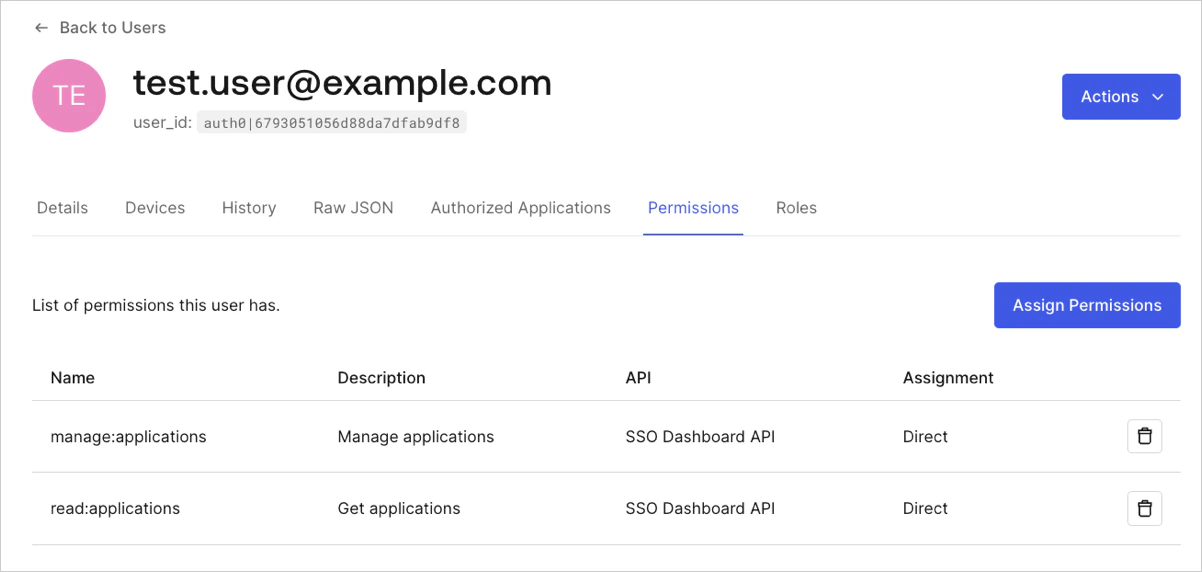 Auth0 Dashboard — Détails de l’utilisateur : liste des permissions attribuées à cet utilisateur