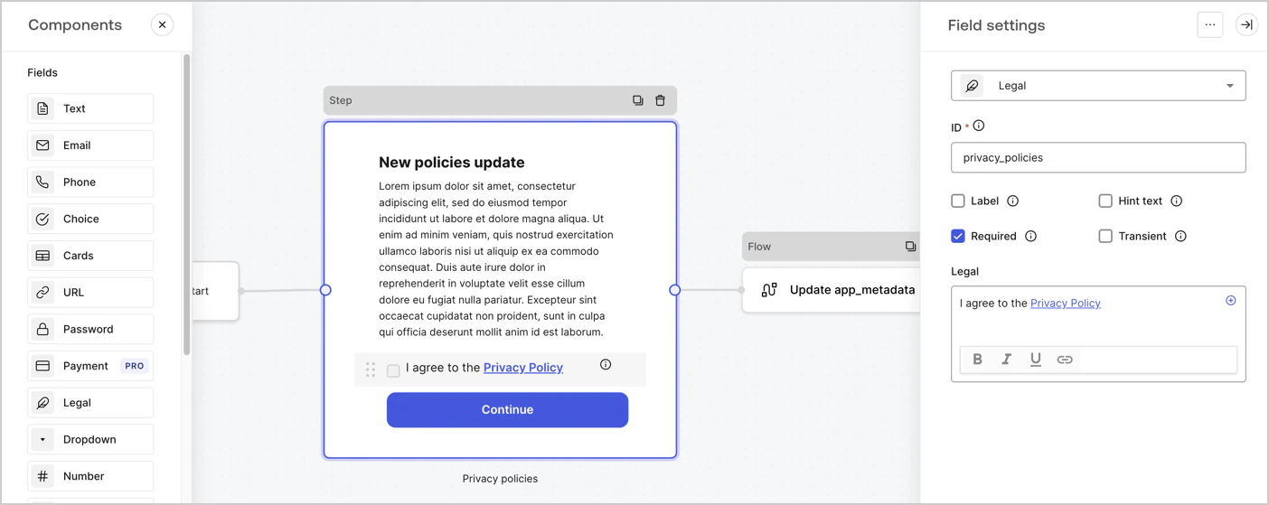 Auth0 Dashboard > Actions > Forms > Cas d’utilisation de la politique de confidentialité du nœud Step