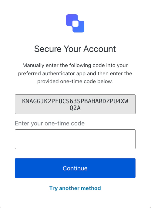 Écran temporaire d’inscription à l’OTP affiché sur un appareil mobile.