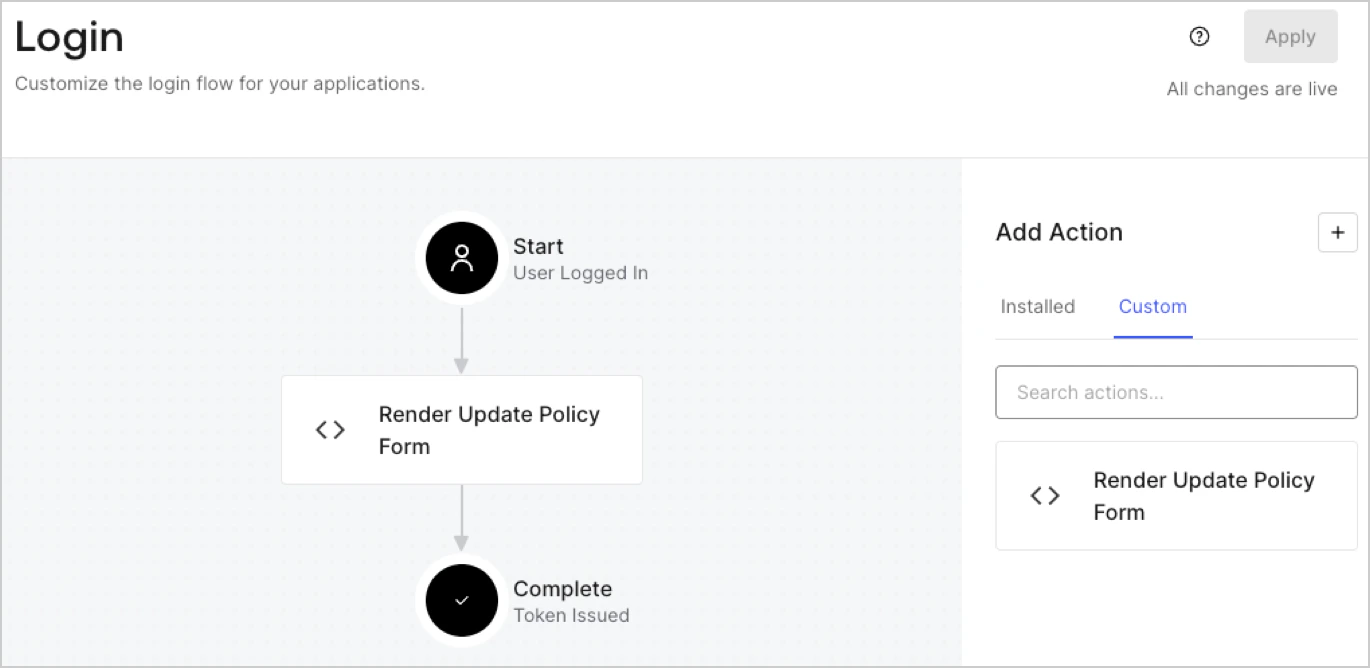 Auth0 Dashboard > Forms > Cas d’utilisation > Action de connexion pour le rendu du formulaire de mise à jour de la stratégie