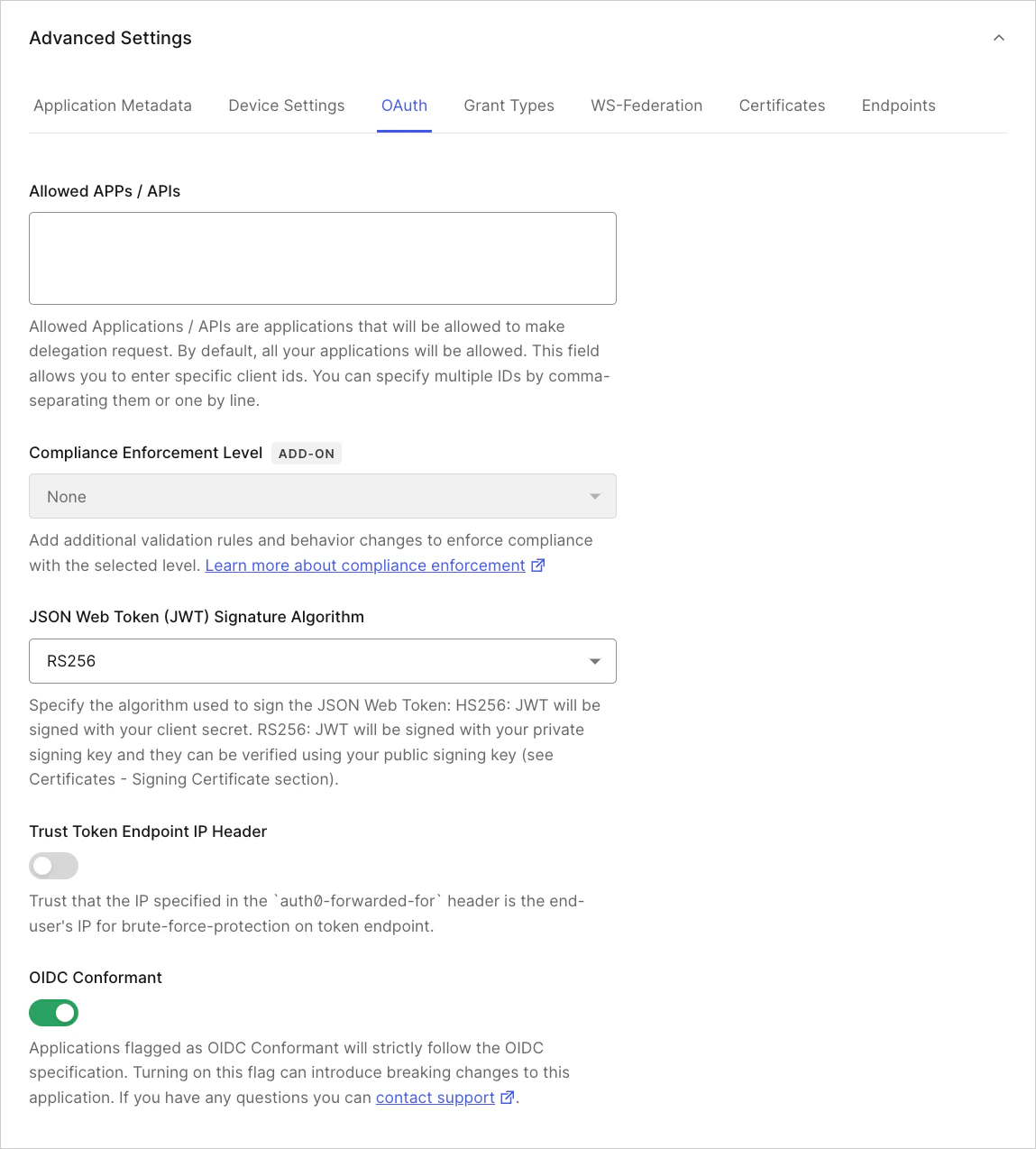 Paramètres de l’application dans le Dashboard, paramètres avancés, onglet OAuth