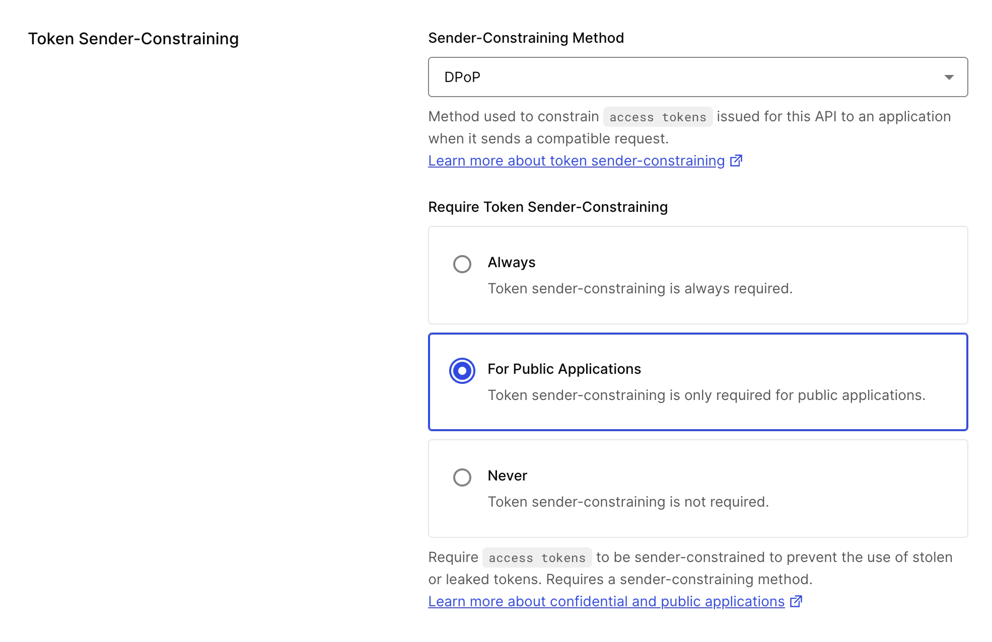Auth0 Dashboard > APIs > Settings > Vinculación de tokens