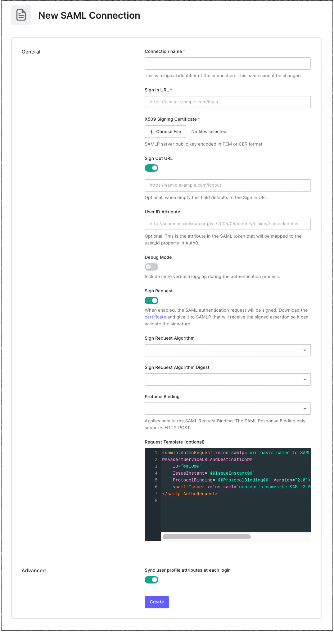 Paramètres de connexion SAML Enterprise Authentication du Dashboard