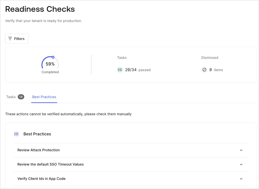 Auth0 Dashboard > Readiness Checklist