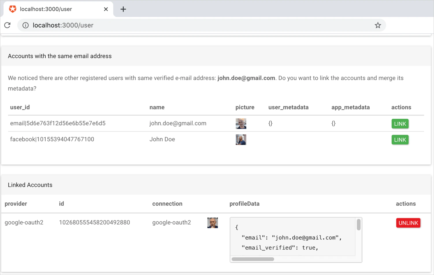 Exemple d’application avec une page de liaison de comptes côté serveur