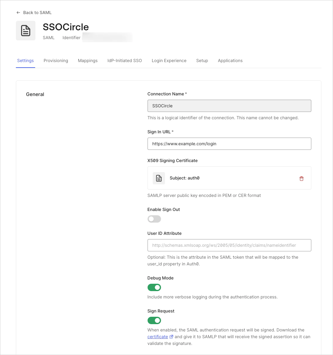 Écran de dépannage des connexions SAML pour activer le mode de débogage