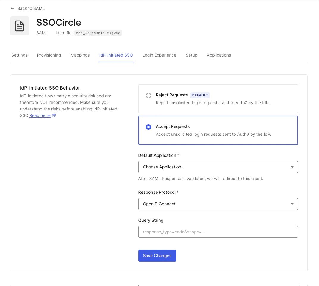 Écran de configuration des protocoles pour le SSO initié par l’IdP
