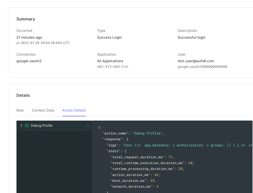 Screenshot of individual log associated with Actions testing.