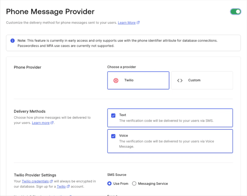 Auth0 Dashboard > Image de marque > Fournisseur téléphonique > Activer Phone Message Provider