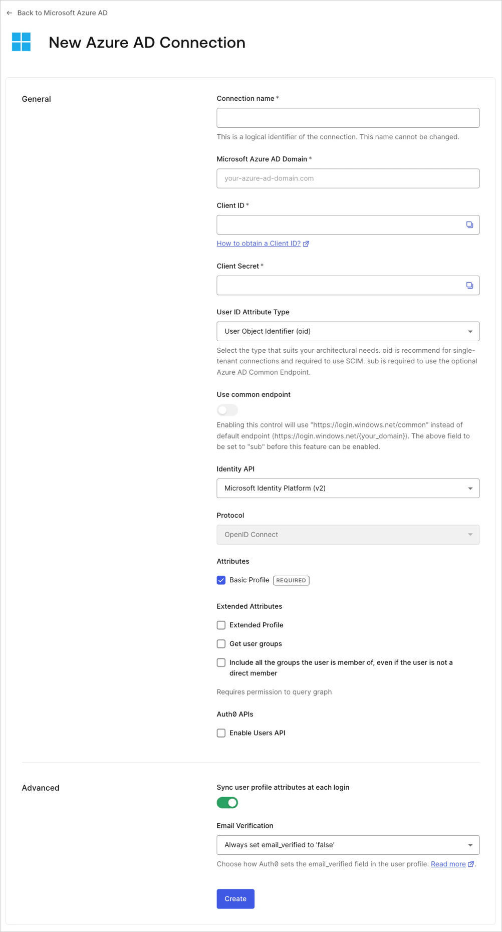 Crear nueva conexión de Azure AD