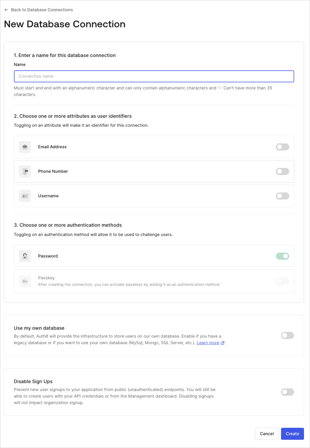 Dashboard - Authentication - Database - Nueva conexión de BD
