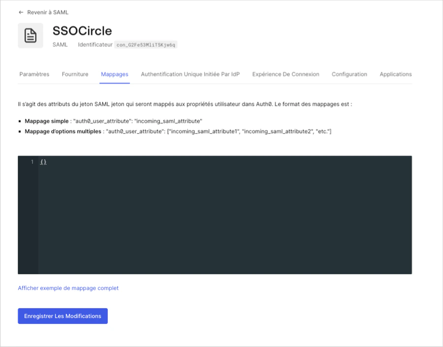Écran de l’onglet Mappings pour le dépannage des connexions SAML