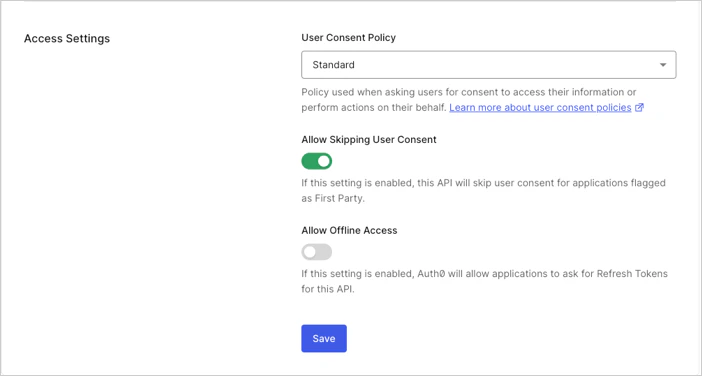 Dashboard Applications APIs Settings Tab Configuración de acceso
