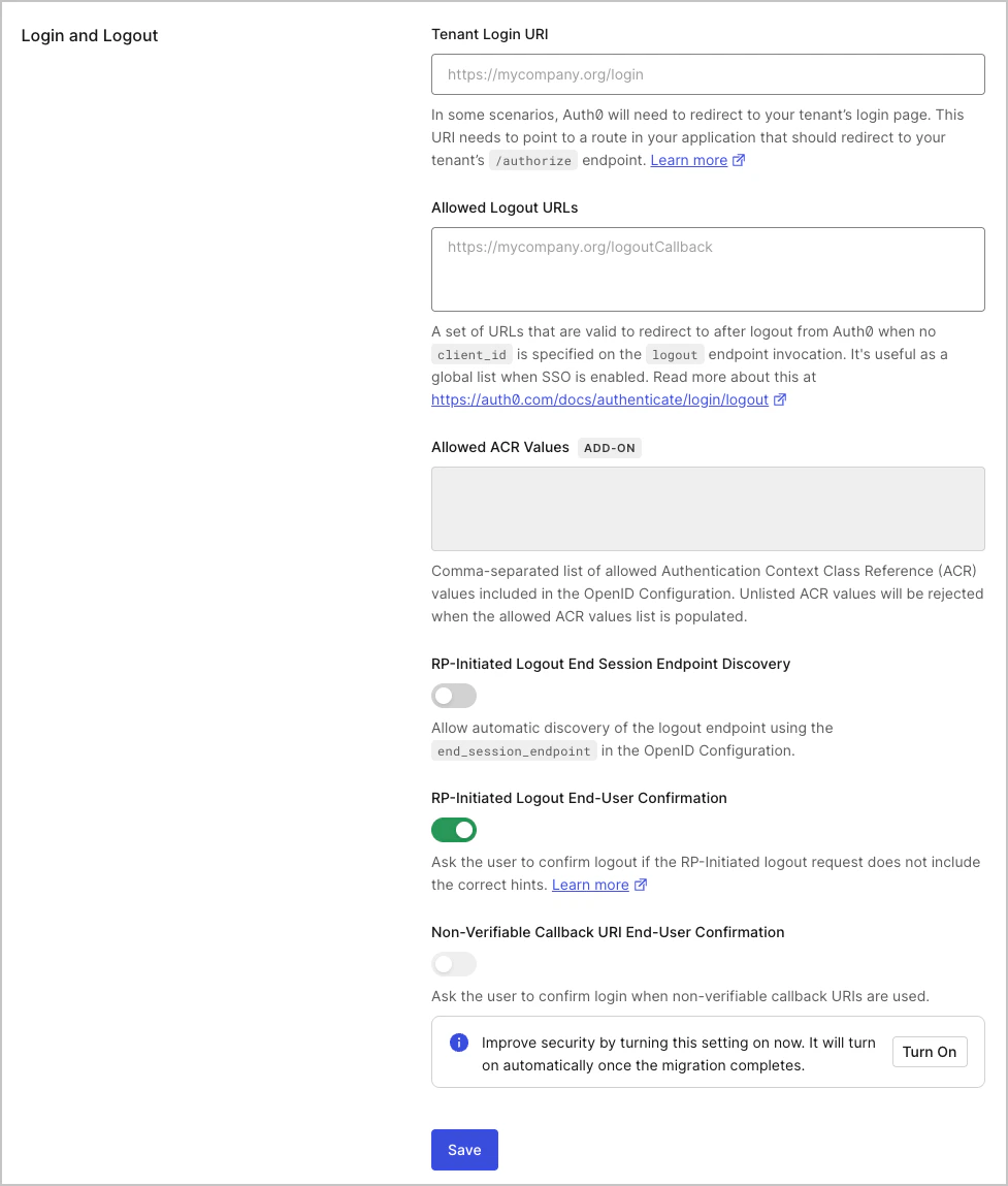 Dashboard Tenant Settings Advanced Tab Login and Logout
