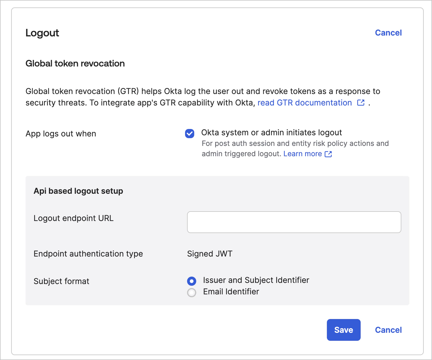 Image du tableau de bord Okta pour la configuration de Universal Logout