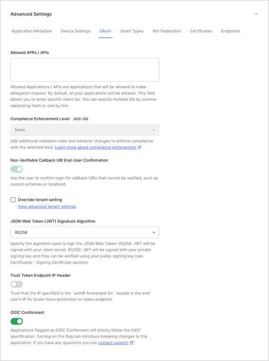 Dashboard の Applications の Application Settings タブにある Advanced Settings の OAuth タブ