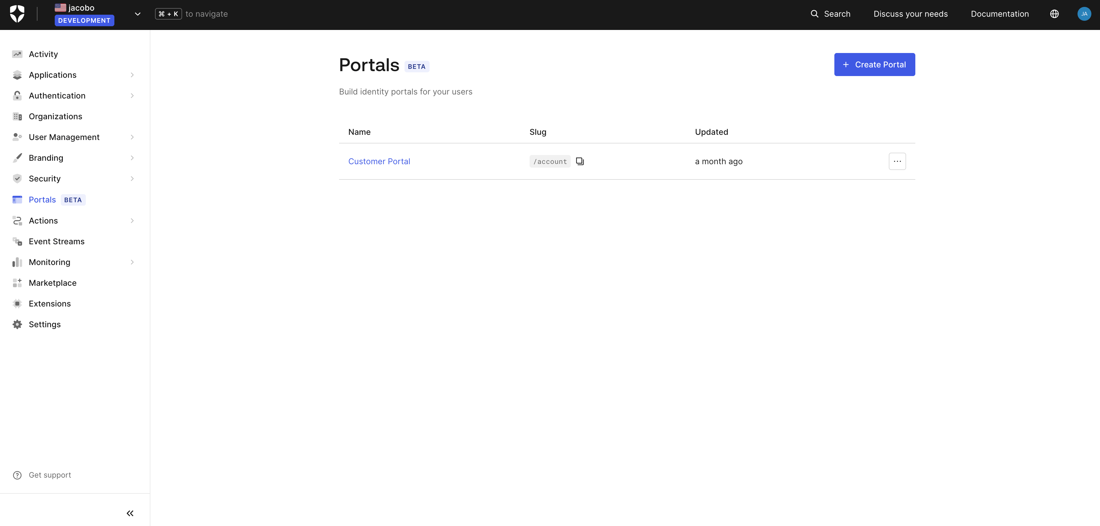 Dashboard Portals section
