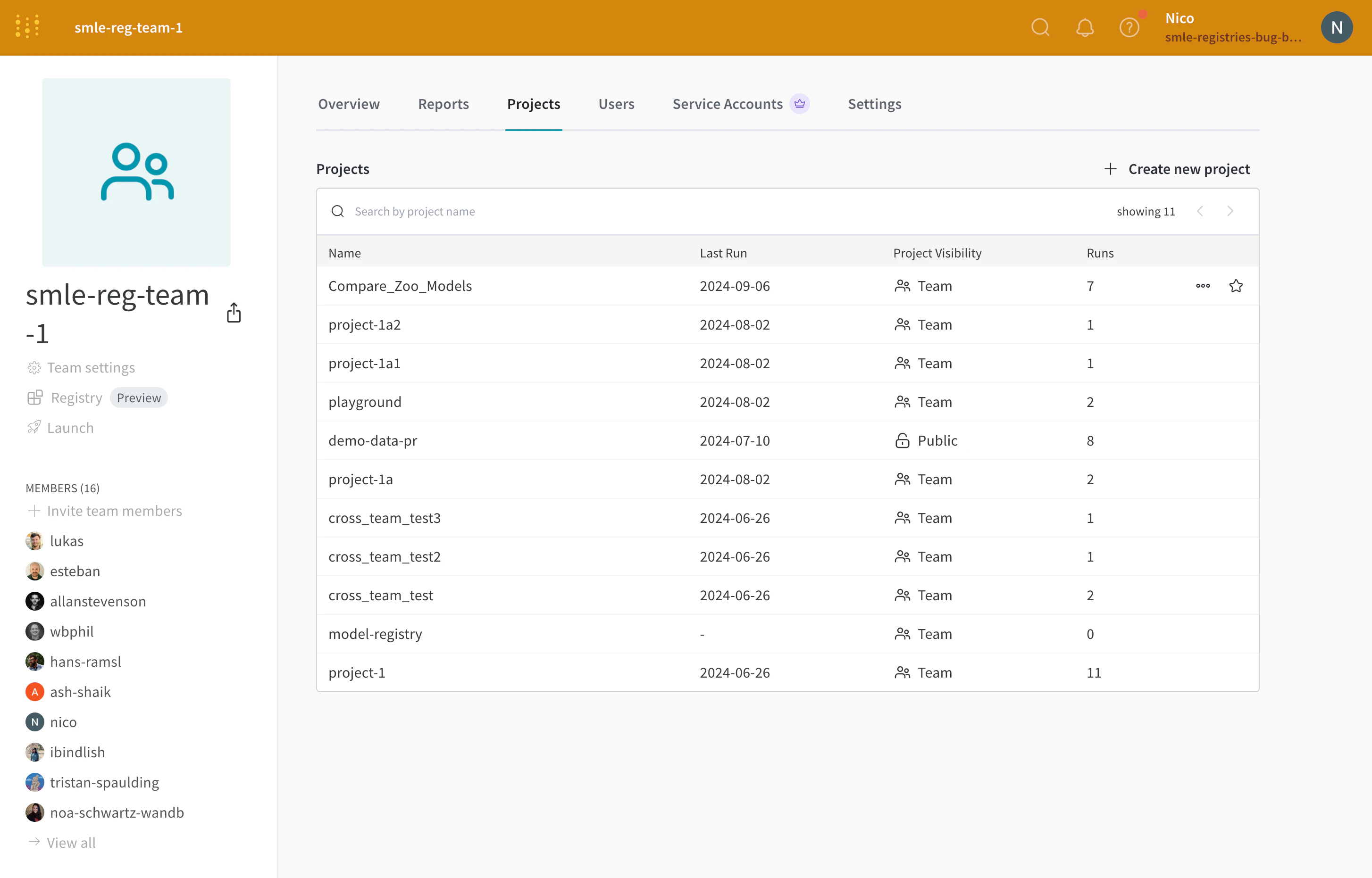 팀 페이지에서 프로젝트에 별표 추가