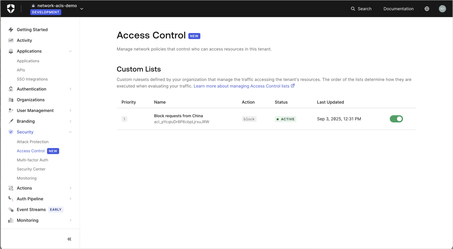 Liste des Rules de l’ACL du locataire dans l’Auth0 Dashboard