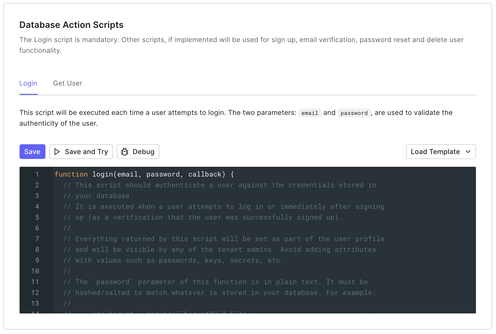 Onglet Base de données personnalisée de la connexion de base de données dans Auth0 Dashboard, section Scripts d’action de la base de données