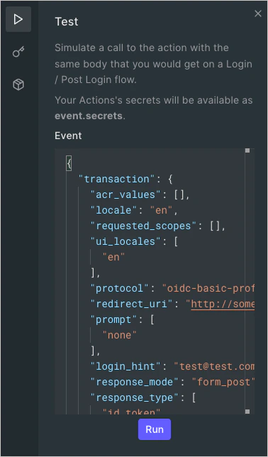 Actions Code Editor: Test Runner panel