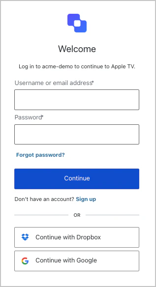 Invite d’autorisation de l’utilisateur pour l’autorisation de l’appareil d’Auth0 Flows demandant à l’utilisateur de se connecter avec son courriel et son mot de passe, ou avec Google ou un autre fournisseur d’identité