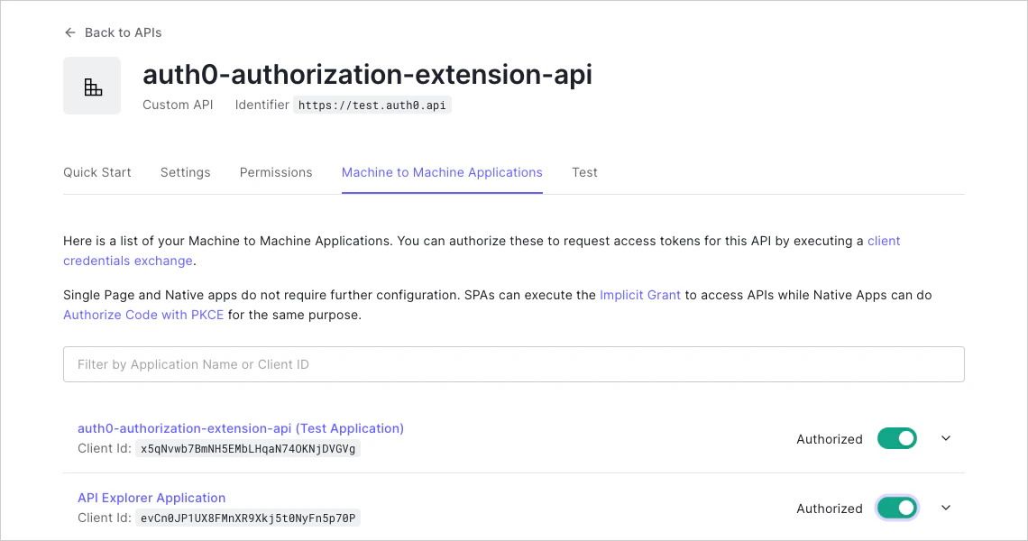 Dashboard - Extension d’autorisation - Clients pour l’API