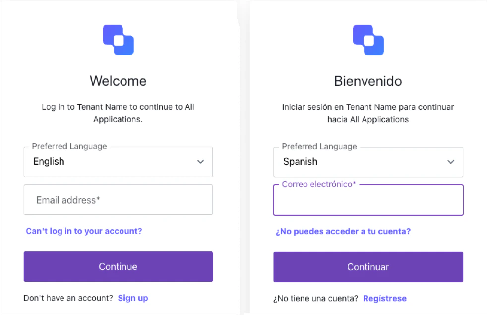 Deux invites Universal Login affichant le menu de sélection de la langue.