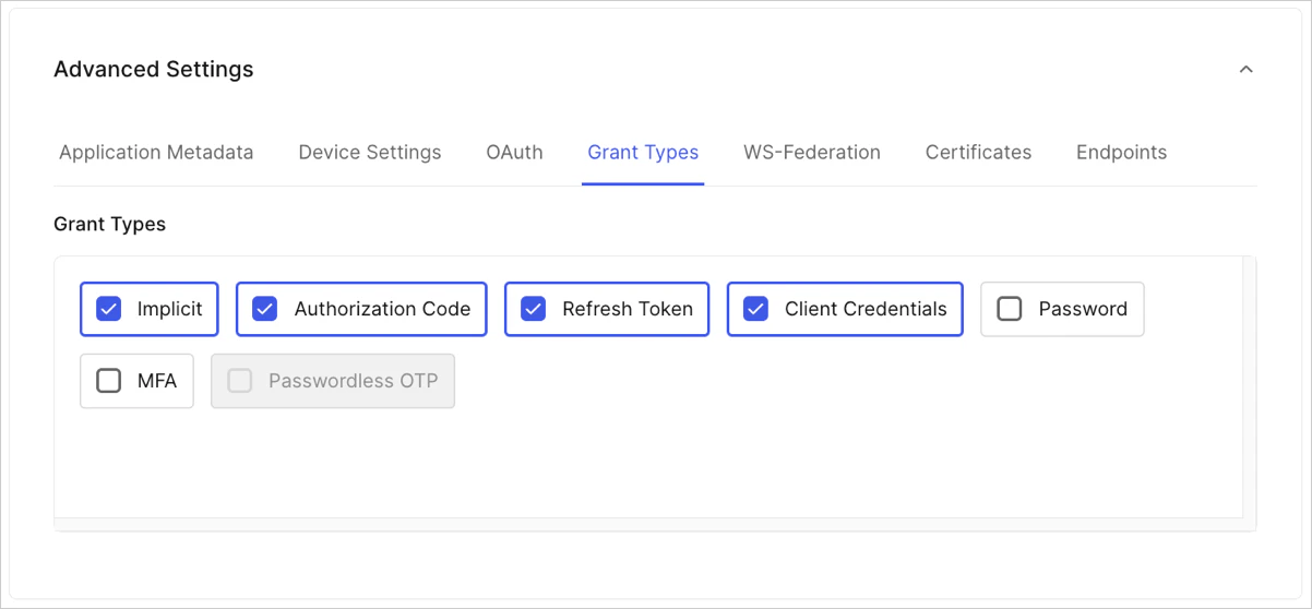 Auth0 Dashboard Applications Onglet paramètres de l’application Paramètres avancés Onglet Types d’octroi