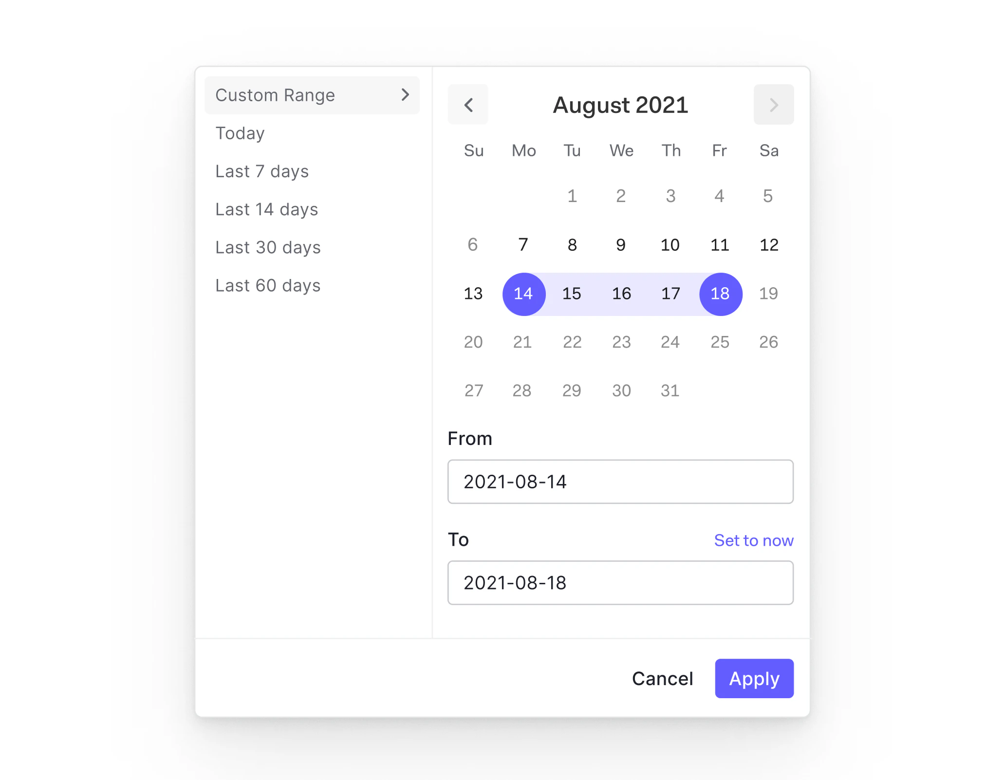 Exemple du formulaire de sélecteur de date de la page Activité de l’Auth0 Dashboard