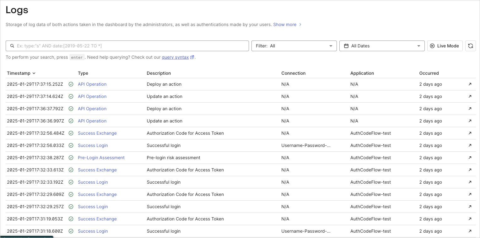 Screenshot of Tenant Log List in the Auth0 Dashboard, showing logs that are associated with Action execution.