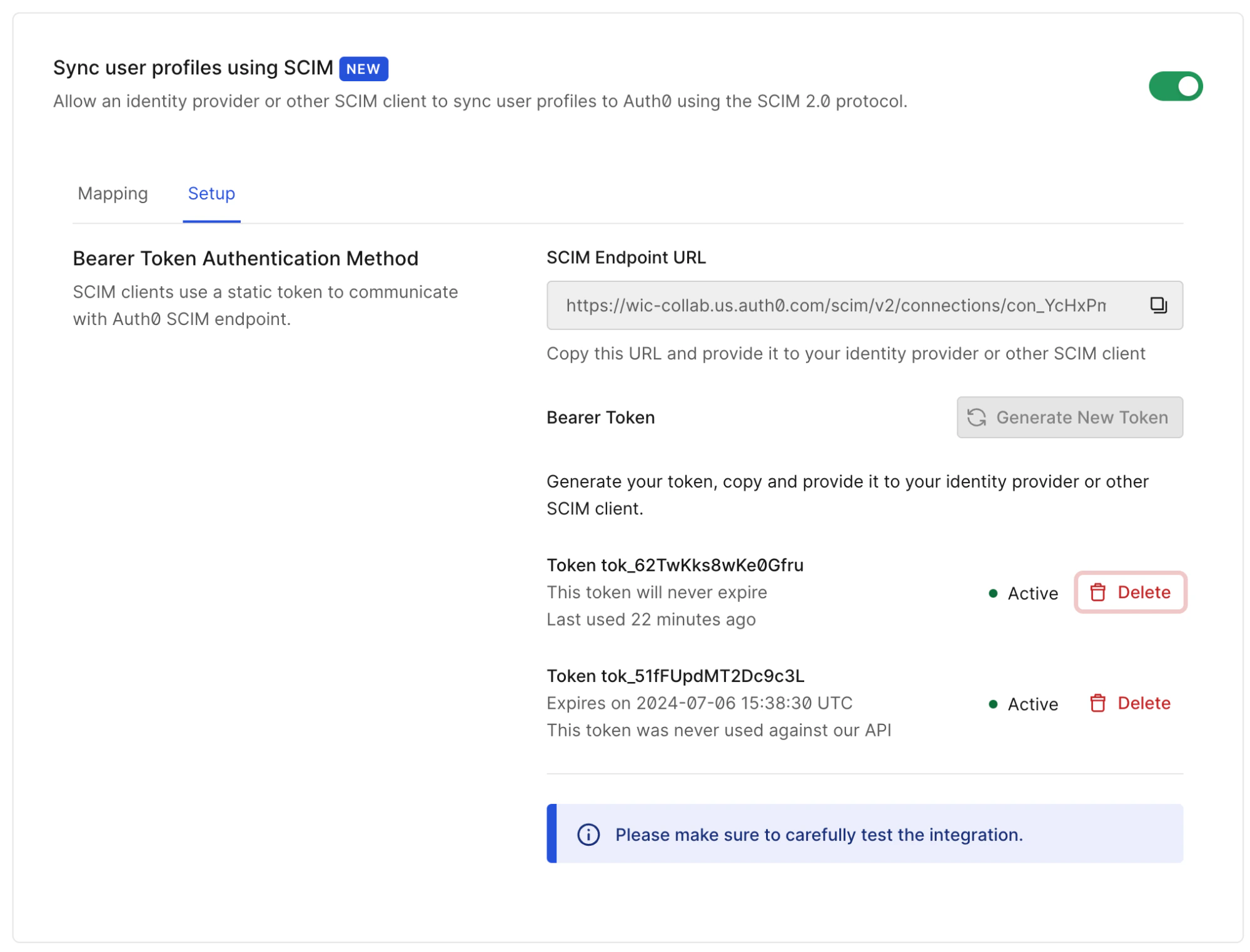 Capture d’écran du Dashboard montrant la configuration SCIM