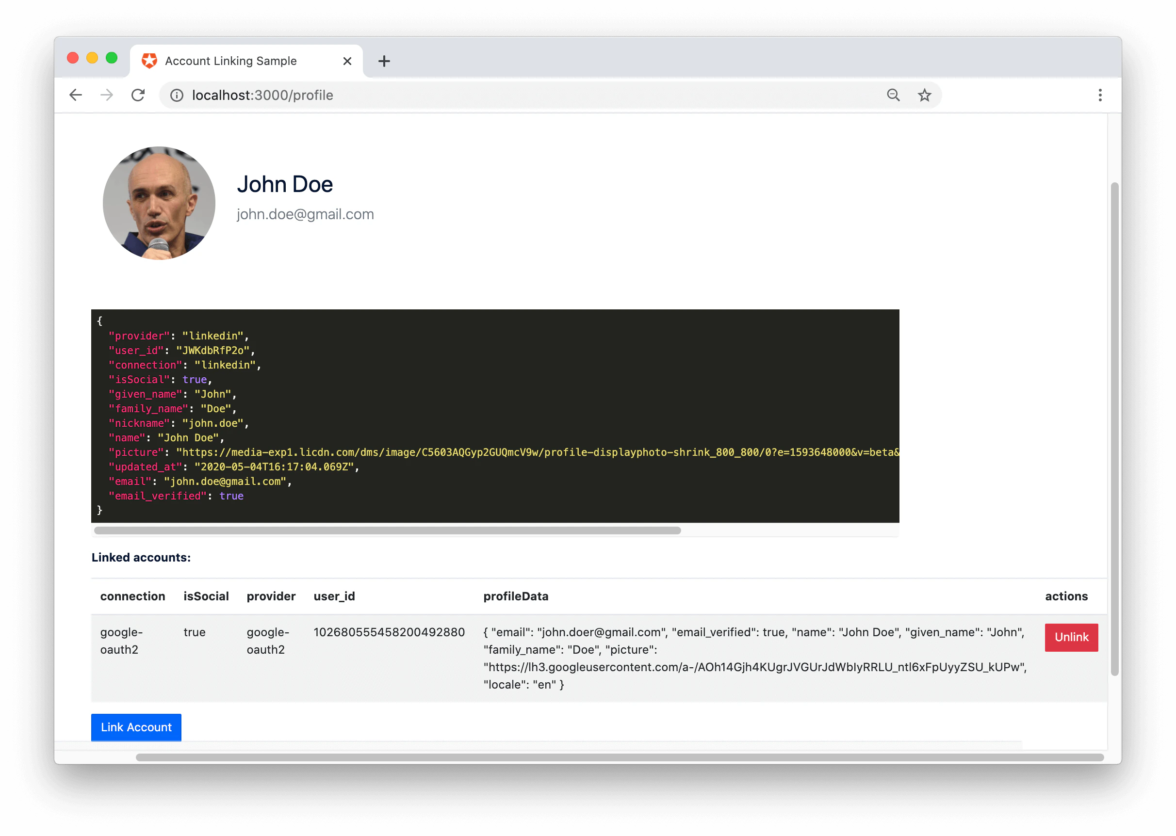 Exemple de page de profil avec liaison de comptes utilisateur