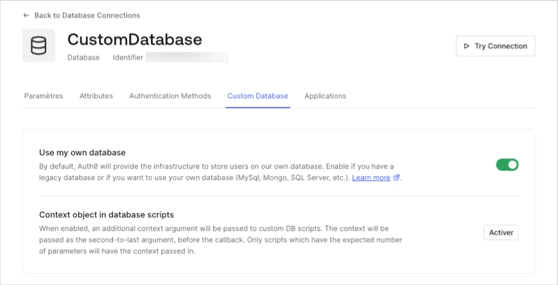 Paramètres de Custom Database d’une connexion de base de données dans Authentication de l’Auth0 Dashboard avec Use Own Database activé