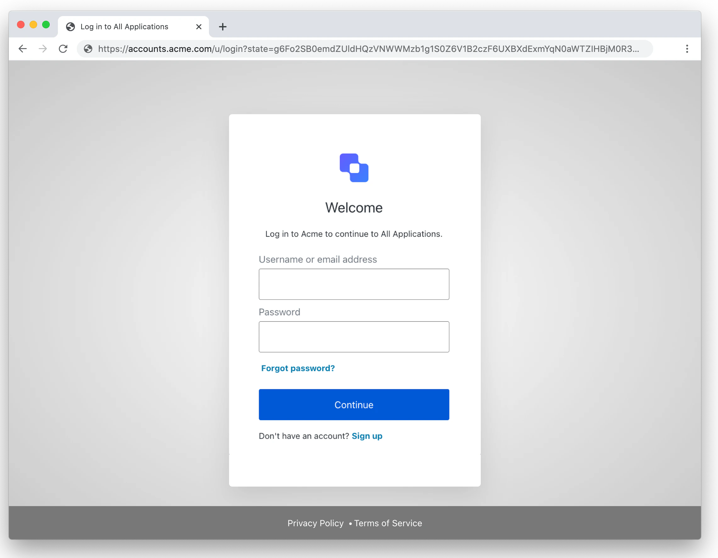 Exemple de mise en page de la boîte Universal Login avec champs de courriel et de mot de passe, et pieds de page