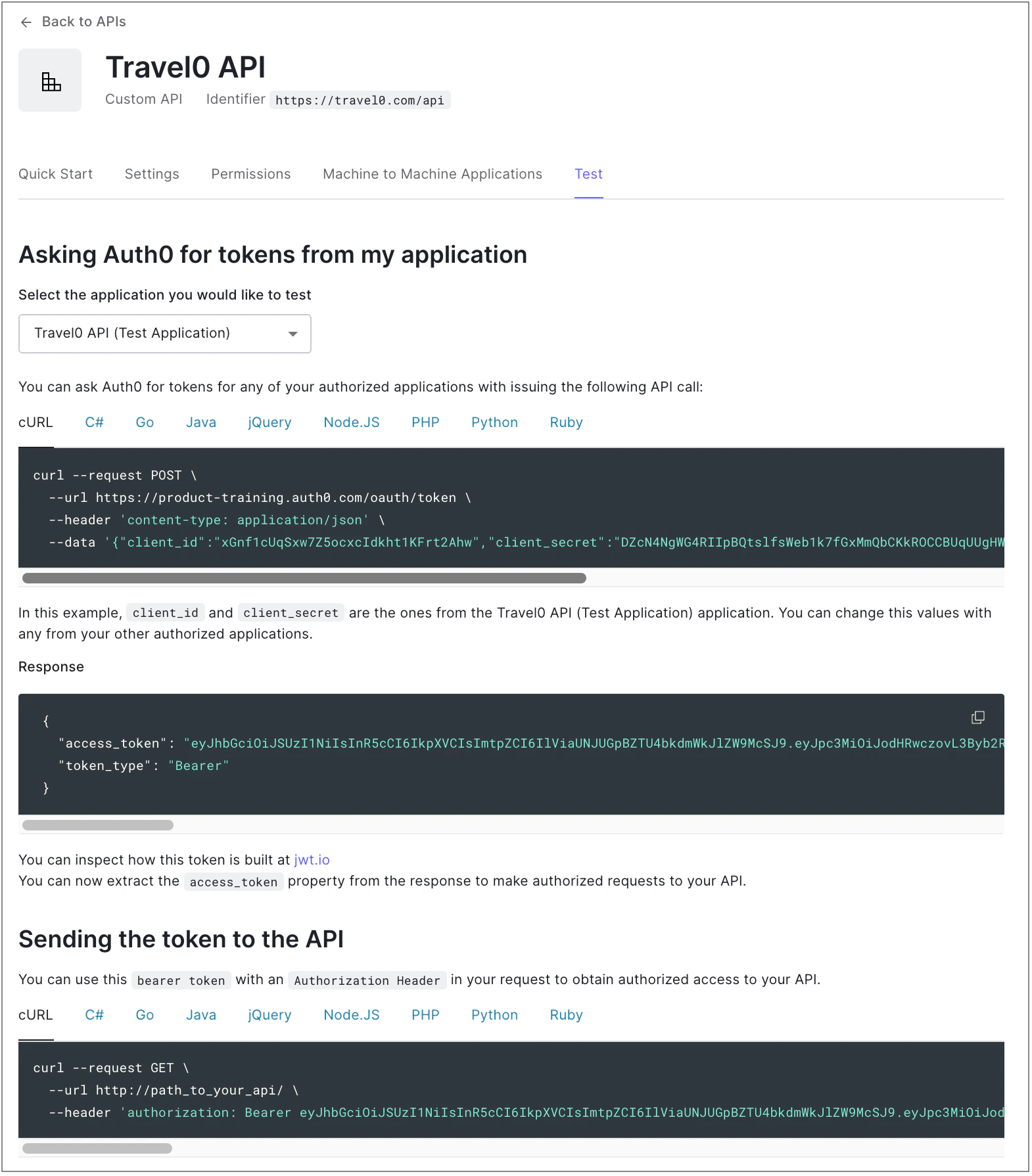 Pestaña Prueba de la API en Aplicaciones del Dashboard