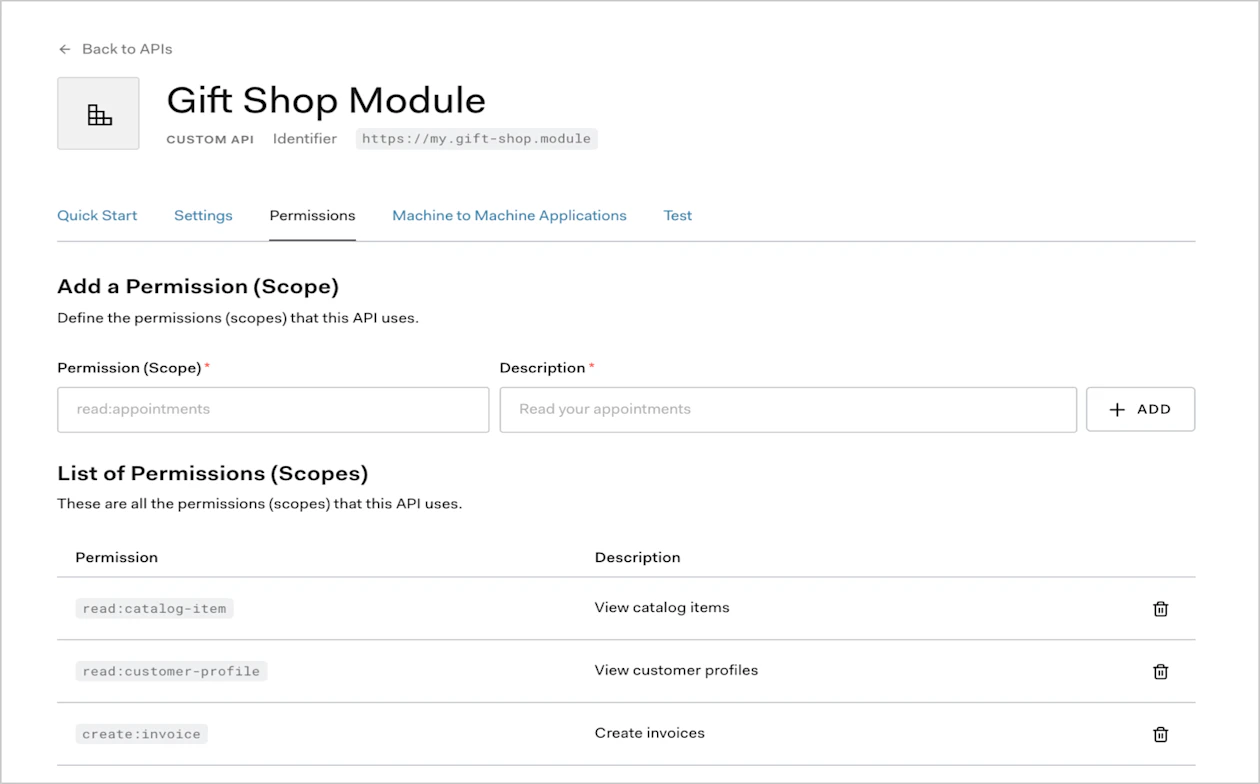 Tableau de bord - Applications - API - Permissions