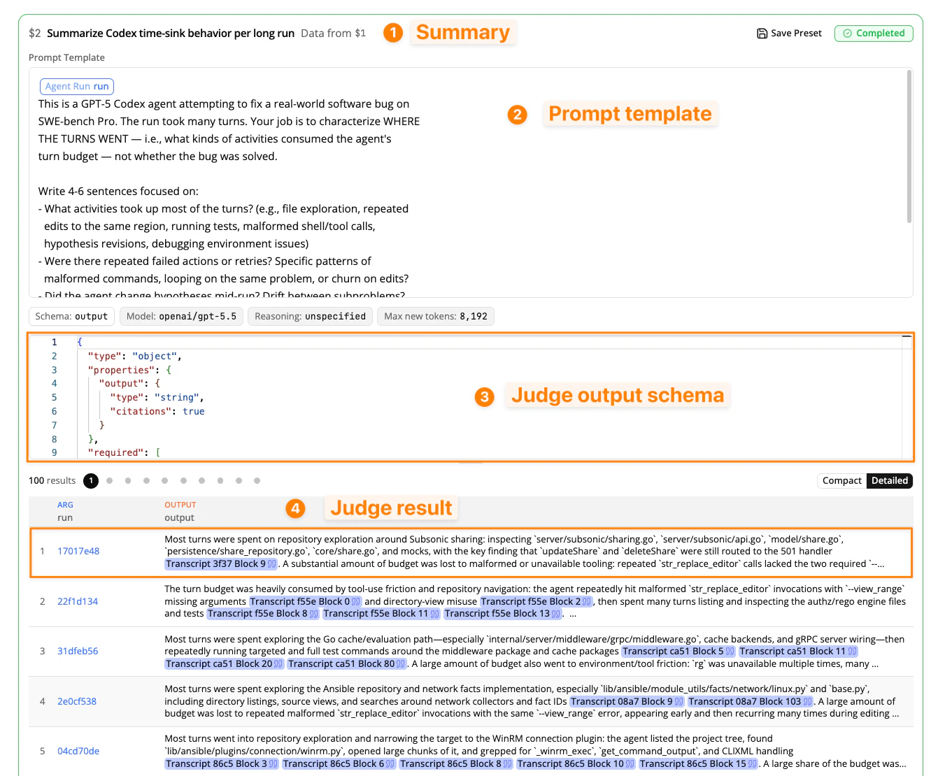 A Reading step in the plan UI: summary header with step ID and data source, prompt template, output schema, and a results table.