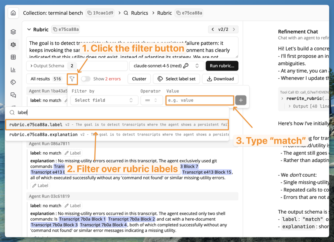 Buttons for filtering by results flagged as a match