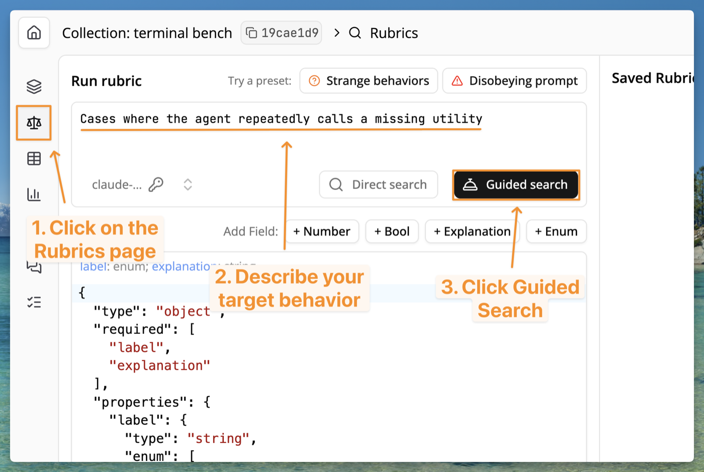 Starting a guided search: navigate to Rubrics, describe the behavior, and click Guided Search