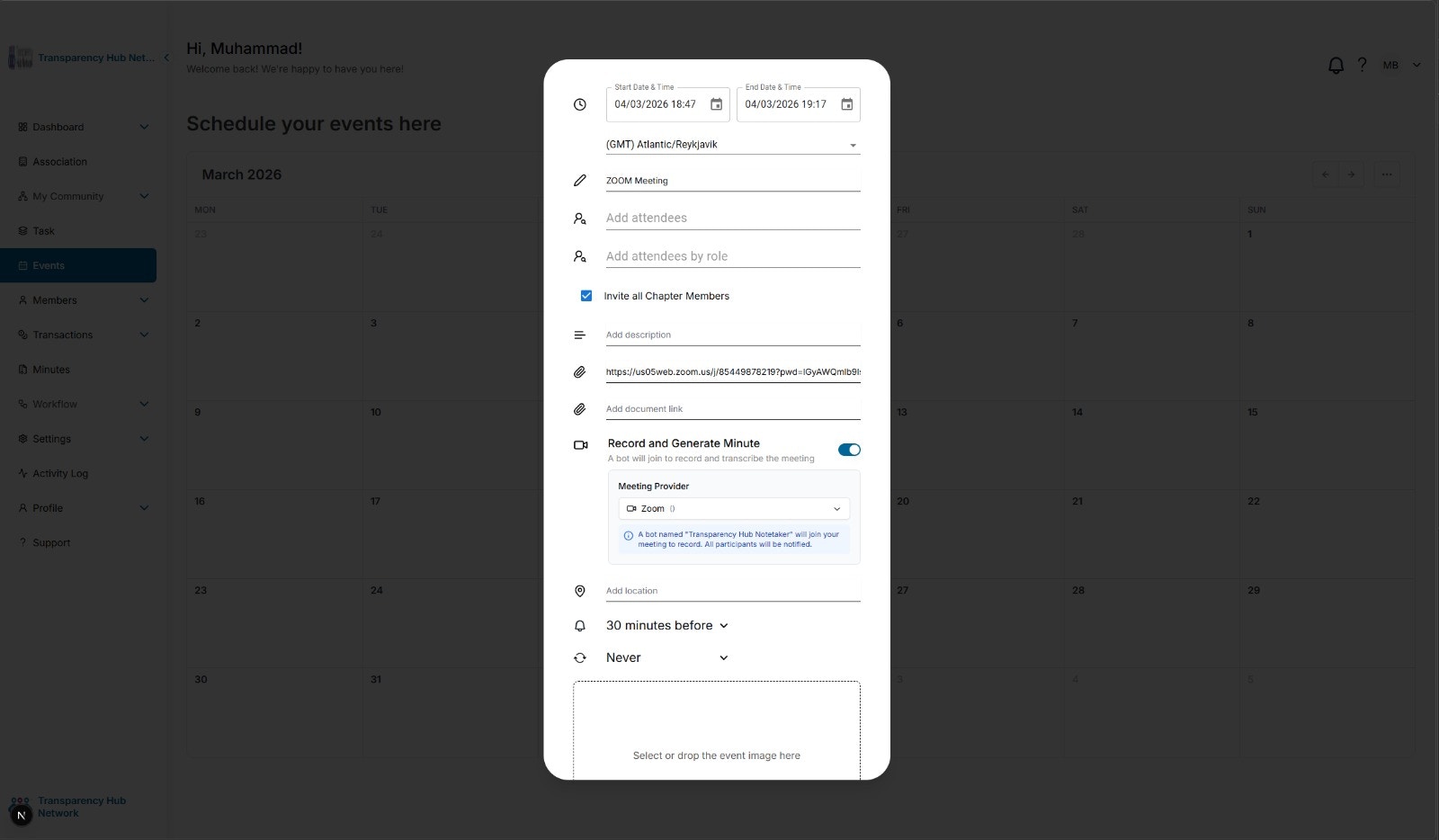 Event creation modal showing Record and Generate Minute toggle with Zoom selected as the meeting provider
