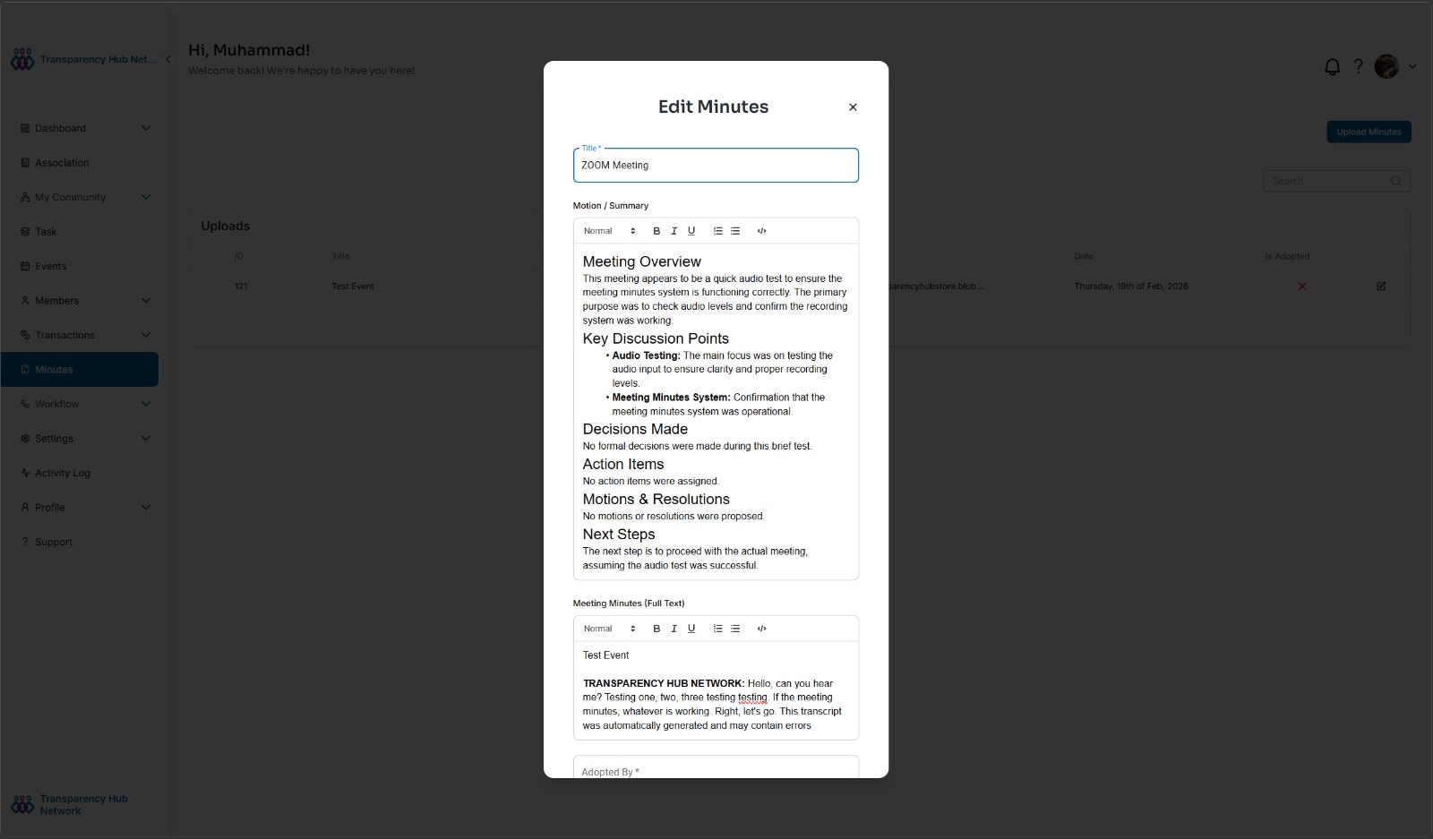 Edit Minutes modal showing Motion/Summary and Full Text editors with AI-generated content