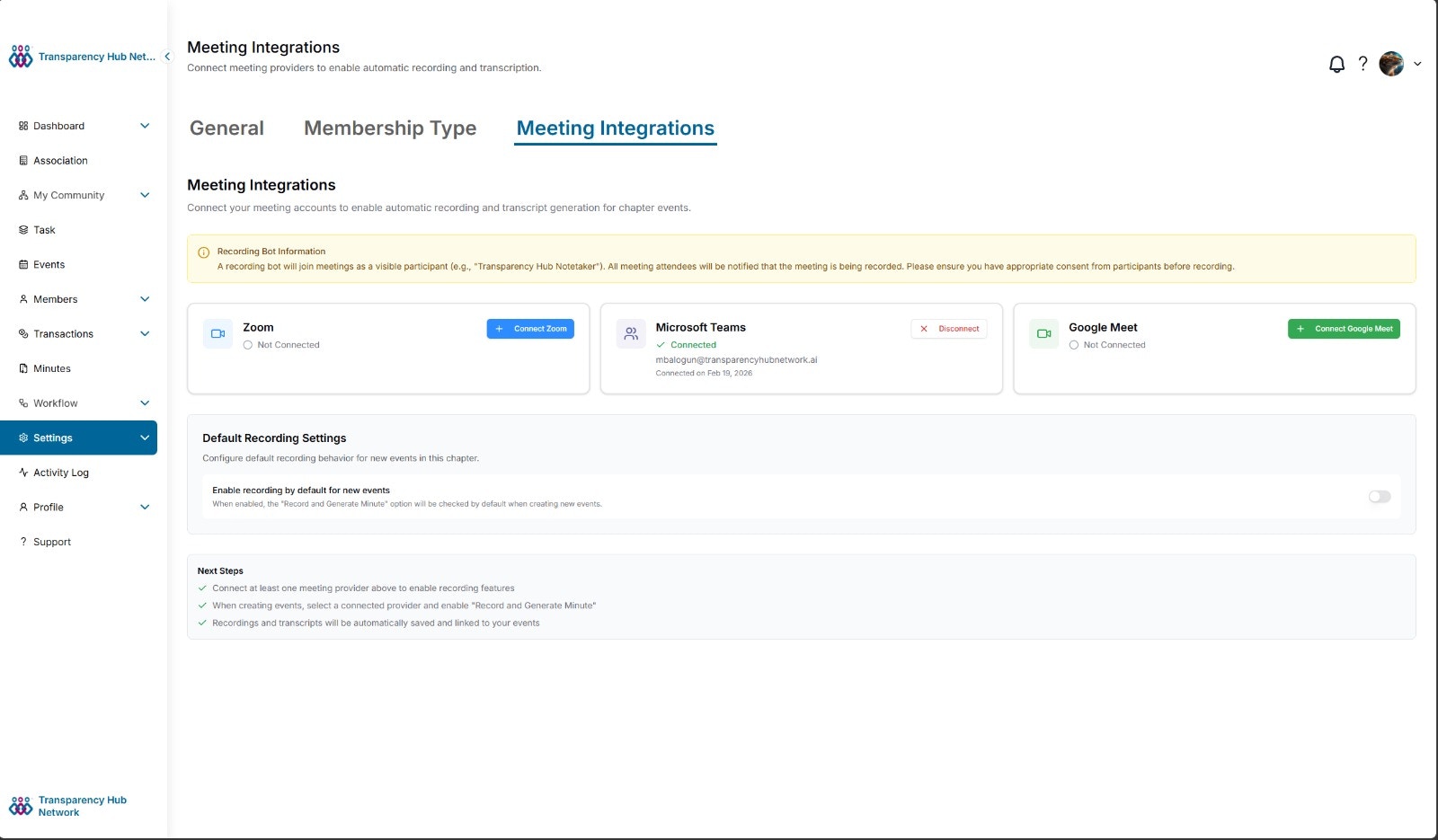 Meeting Integrations settings showing provider cards for Zoom, Microsoft Teams, and Google Meet