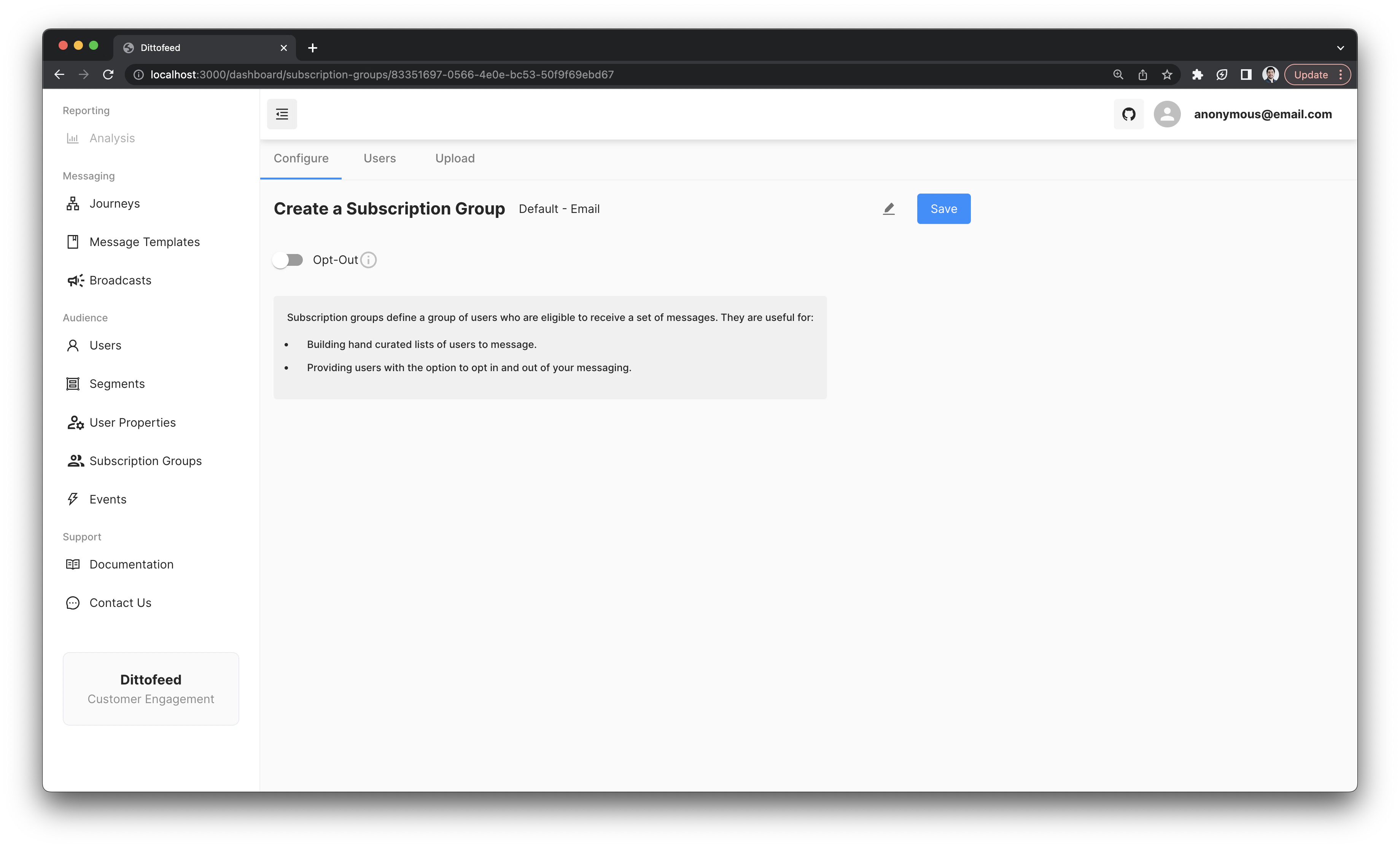 Subscription Groups Configuration Page