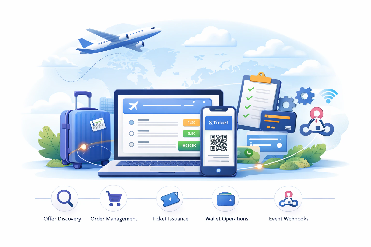 Travelbase platform overview showing offer discovery, order management, ticket issuance, wallet operations, and webhook integrations