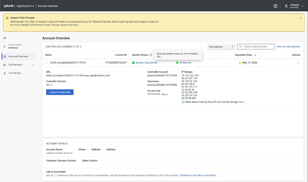 Account Overview showing the controller URL and account name